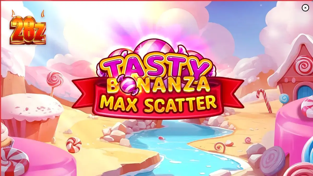 Interface vibrante e colorida do slot Tasty Bonanza Max Scatter com elementos de doces.